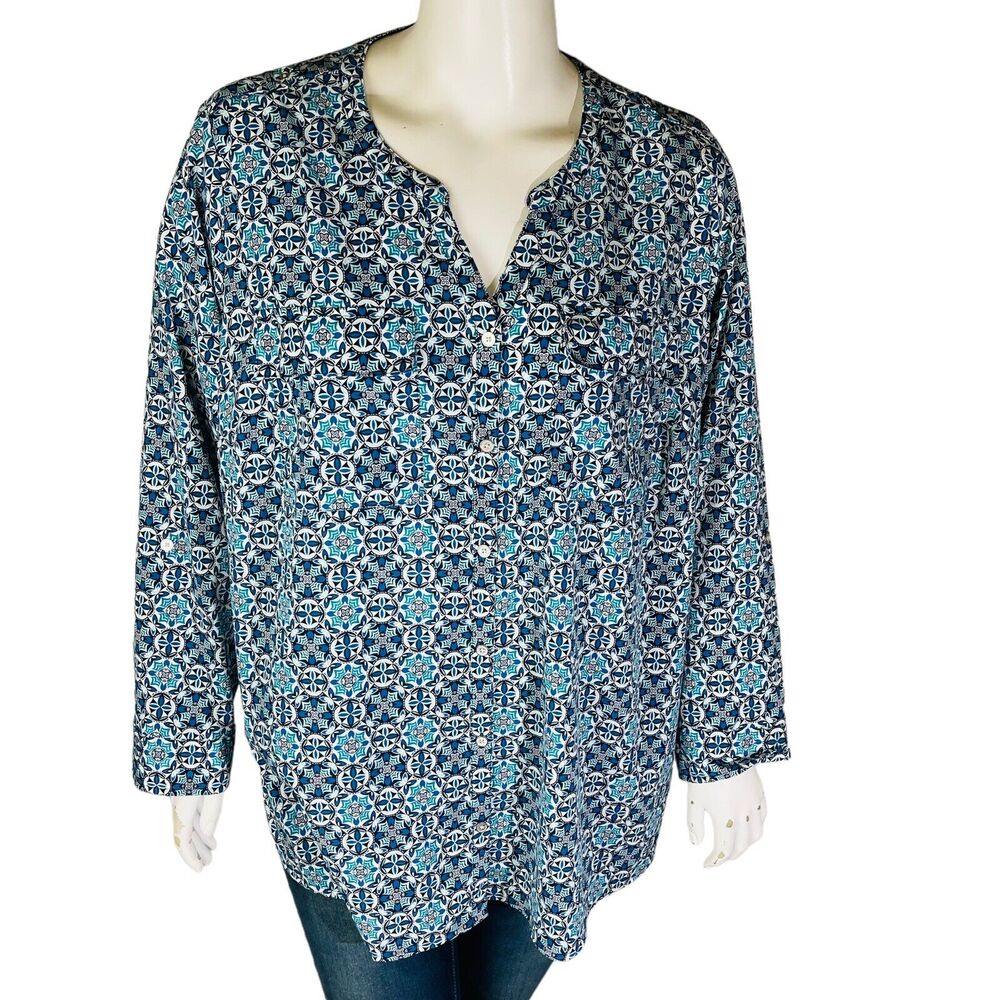 Croft & Barrow Womans Sz 3X Blouse Blue White Floral Button Front